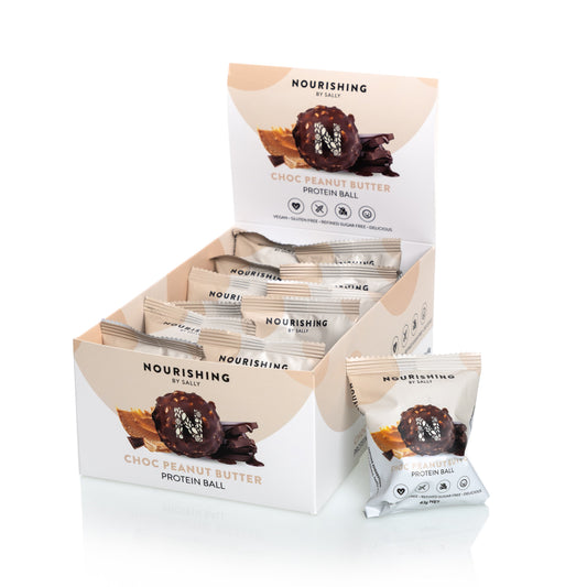 Box of Nourishing Protein Bars with a single bar on a white background