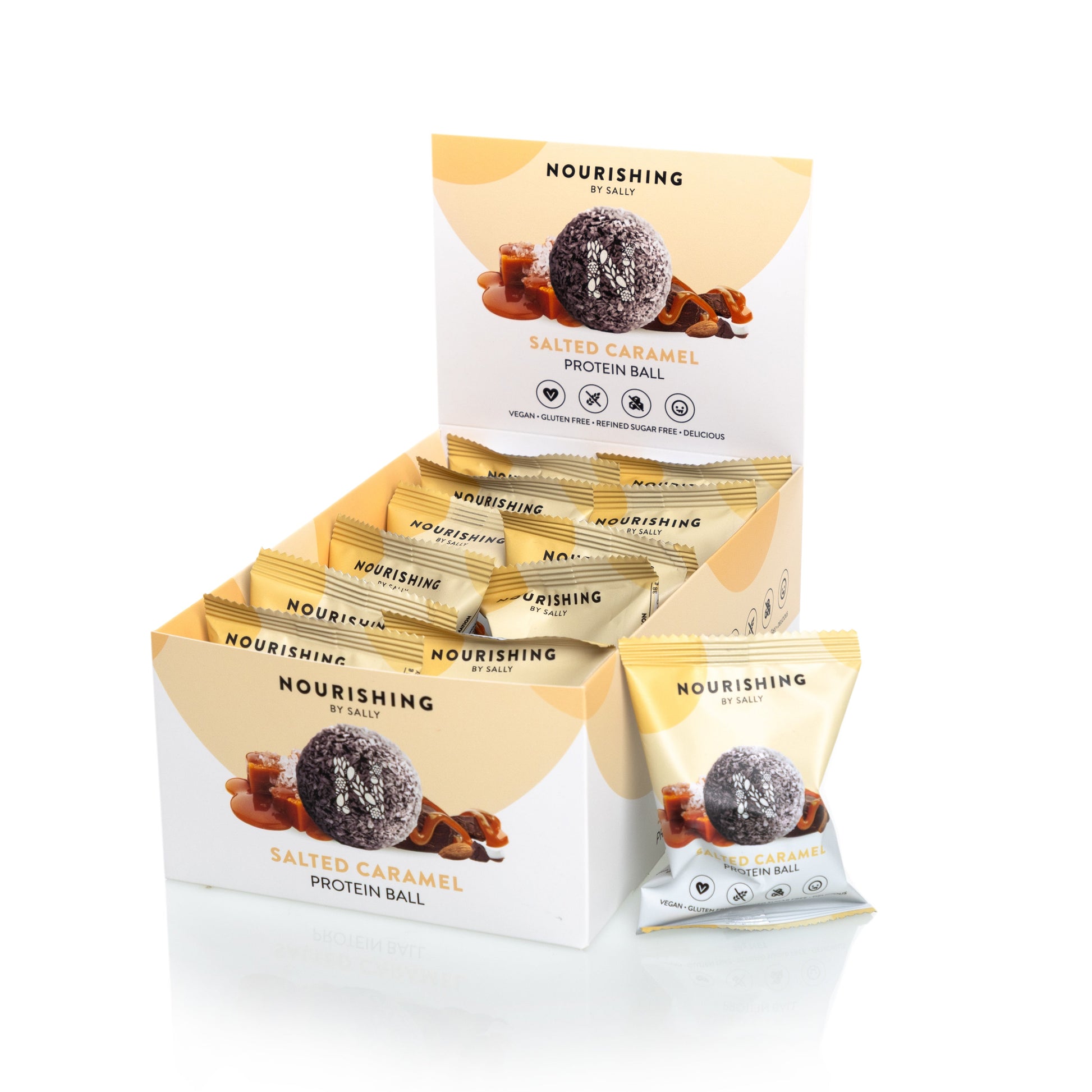 Packaging of Nourishing Protein Bars on a white background